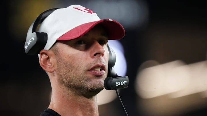 Arizona Cardinals head coach Jonathan Gannon watches from the sidelines as they play against the Las Vegas Raiders at State Farm Stadium in Glendale, on Aug. 23, 2025. Arizona Cardinals head coach Jonathan Gannon watches from the sidelines as they play against the Las Vegas Raiders at State Farm Stadium in Glendale, on Aug. 23, 2025.