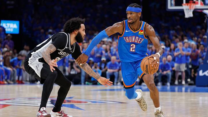 May 30, 2026; Oklahoma City, Oklahoma, USA; Oklahoma City Thunder guard Shai Gilgeous-Alexander (2) controls the ball against San Antonio Spurs forward Julian Champagnie (30) in the fourth quarter during game seven of the western conference finals for the 2026 NBA playoffs at Paycom Center. May 30, 2026; Oklahoma City, Oklahoma, USA; Oklahoma City Thunder guard Shai Gilgeous-Alexander (2) controls the ball against San Antonio Spurs forward Julian Champagnie (30) in the fourth quarter during game seven of the western conference finals for the 2026 NBA playoffs at Paycom Center.