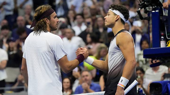 Ben Shelton shakes hands with Stefanos Tsitsipas after winning his round of 16 match at the 2026 US Open IMAGN IMAGES via Reuters/Robert Deutsch