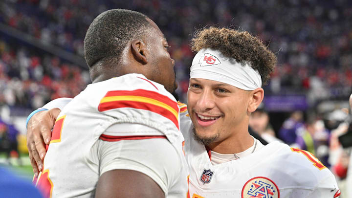 Oct 8, 2023; Minneapolis, Minnesota, USA; Kansas City Chiefs quarterback Patrick Mahomes (15) and defensive tackle Chris Jones (95) react after the game against the Minnesota Vikings at U.S. Bank Stadium. Mandatory Credit: Jeffrey Becker-Imagn Images Oct 8, 2023; Minneapolis, Minnesota, USA; Kansas City Chiefs quarterback Patrick Mahomes (15) and defensive tackle Chris Jones (95) react after the game against the Minnesota Vikings at U.S. Bank Stadium. Mandatory Credit: Jeffrey Becker-Imagn Images