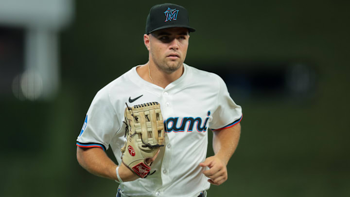 Aug 4, 2025; Miami, Florida, USA; Miami Marlins center fielder Jakob Marsee (87) returns to the dugout against the Houston Astros during the first inning at loanDepot Park. Mandatory Credit: Sam Navarro-Imagn Images Aug 4, 2025; Miami, Florida, USA; Miami Marlins center fielder Jakob Marsee (87) returns to the dugout against the Houston Astros during the first inning at loanDepot Park. Mandatory Credit: Sam Navarro-Imagn Images