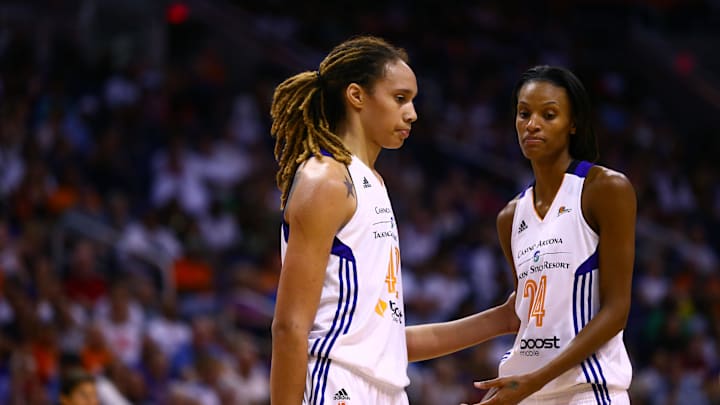 Sep 7, 2014; Phoenix, AZ, USA; Phoenix Mercury center Brittney Griner (left) and guard DeWanna Bonner against the Chicago Sky during game one of the WNBA Finals at US Airways Center. The Mercury defeated the Sky 83-62. Mandatory Credit: Mark J. Rebilas-Imagn Images