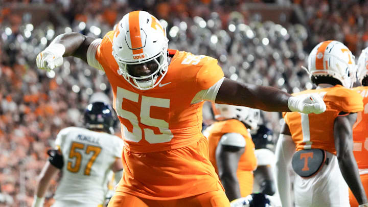 Tennessee defensive lineman Omarr Norman-Lott (55) celebrating after a play during the NCAA college football game against Kent State on Saturday, Sept. 14, 2024 in Knoxville, Tenn.