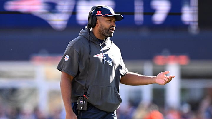 Oct 27, 2024; Foxborough, Massachusetts, USA; New England Patriots head coach Jerod Mayo calls a play against the New York Jets during the first half at Gillette Stadium.