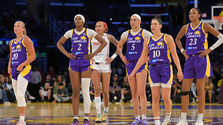 Jul 15, 2025; Los Angeles, California, USA; Los Angeles Sparks guard Julie Allemand (20), forward Rickea Jackson (2), forward Dearica Hamby (5), guard Kelsey Plum (10) and forward Azura Stevens (23) look on during the second half against the Washington Mystics at Crypto.com Arena. Mandatory Credit: Jayne Kamin-Oncea-Imagn Images Jul 15, 2025; Los Angeles, California, USA; Los Angeles Sparks guard Julie Allemand (20), forward Rickea Jackson (2), forward Dearica Hamby (5), guard Kelsey Plum (10) and forward Azura Stevens (23) look on during the second half against the Washington Mystics at Crypto.com Arena. Mandatory Credit: Jayne Kamin-Oncea-Imagn Images