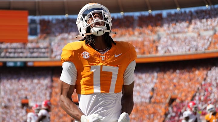Tennessee wide receiver Chris Brazzell II (17) celebrates after scoring a touchdown against Georgia during an NCAA college football game on September 13, 2025, Knoxville, Tennessee.