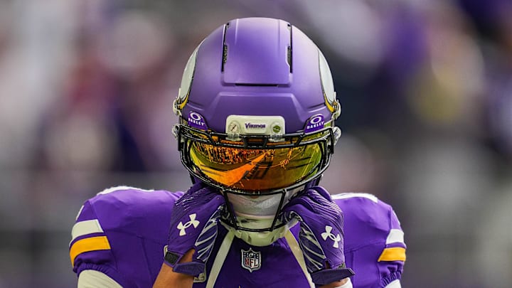 Nov 9, 2025; Minneapolis, Minnesota, USA; Minnesota Vikings wide receiver Justin Jefferson (18) before the game against the Baltimore Ravens at U.S. Bank Stadium. Mandatory Credit: Brad Rempel-Imagn Images