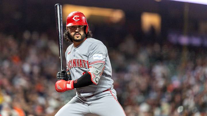 Aug 24, 2026; San Francisco, California, USA;  Cincinnati Reds designated hitter Eugenio Suarez (28) at bat during the sixth inning against the San Francisco Giants at Oracle Park.  Mandatory Credit: Bob Kupbens-Imagn Images