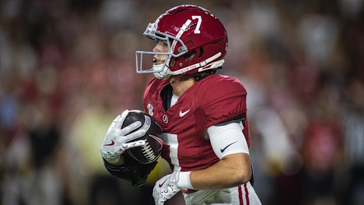 Sep 28, 2024; Tuscaloosa, Alabama, USA; Alabama Crimson Tide wide receiver Cole Adams (7) runs against the Georgia Bulldogs during the fourth quarter at Bryant-Denny Stadium. Mandatory Credit: Will McLelland-Imagn Images