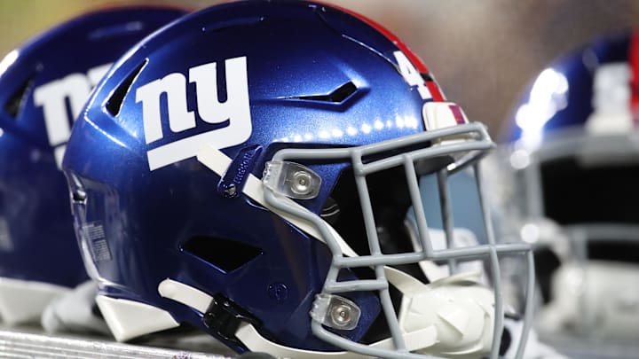 Oct 28, 2024; Pittsburgh, Pennsylvania, USA;  New York Giants helmets on the sidelines against the Pittsburgh Steelers during the third quarter at Acrisure Stadium.  