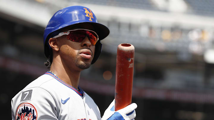 Jun 29, 2025; Pittsburgh, Pennsylvania, USA;  New York Mets shortstop Francisco Lindor (12) in the on-deck circle against the Pittsburgh Pirates during the fifth inning at PNC Park. Mandatory Credit: Charles LeClaire-Imagn Images