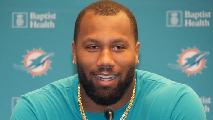 Miami Dolphins linebacker Bradley Chubb at a press conference at Estadio Riyadh Air Metropolitano.