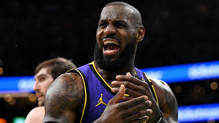 Los Angeles Lakers forward LeBron James (23) reacts after a non-call against the Boston Celtics during the second quarter at the TD Garden. Los Angeles Lakers forward LeBron James (23) reacts after a non-call against the Boston Celtics during the second quarter at the TD Garden.