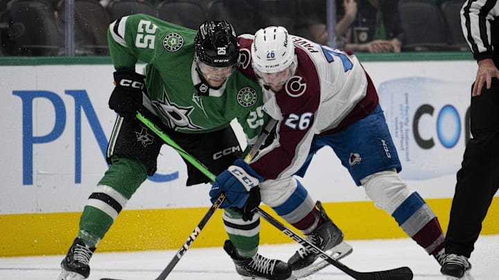 Oct 3, 2023; Dallas, Texas, USA; Dallas Stars left wing Matej Blumel (25) and Colorado Avalanche
