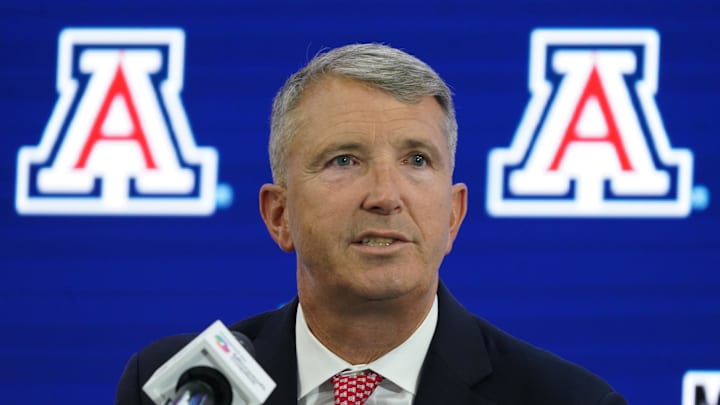 Jul 9, 2025; Frisco, TX, USA; Arizona head coach Brent Brennan speaks with the media during 2025 Big 12 Football Media Days at The Star. Mandatory Credit: Raymond Carlin III-Imagn Images