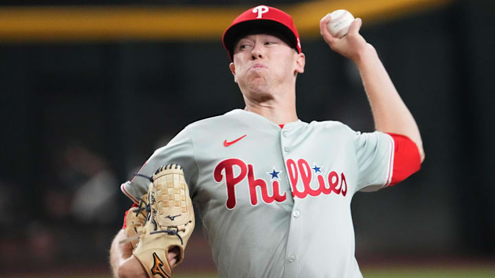 Aug 8, 2024; Phoenix, Arizona, USA; Philadelphia Phillies pitcher Kolby Allard (49) pitches against the Arizona Diamondbacks during the first inning at Chase Field Aug 8, 2024; Phoenix, Arizona, USA; Philadelphia Phillies pitcher Kolby Allard (49) pitches against the Arizona Diamondbacks during the first inning at Chase Field