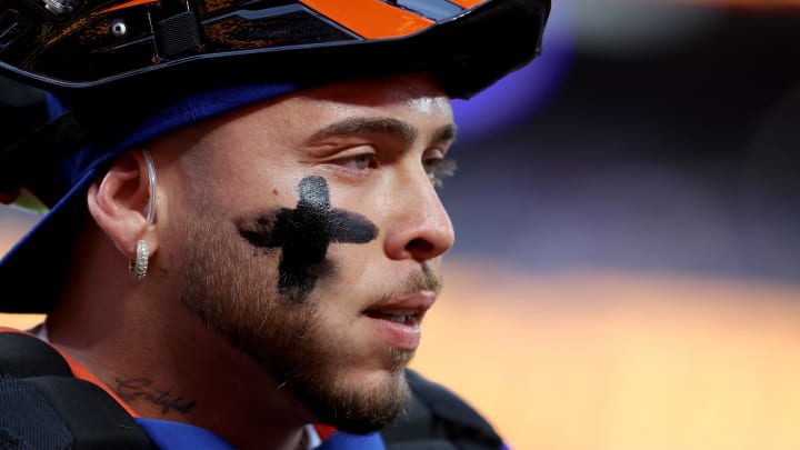 Jun 11, 2024; New York City, New York, USA; New York Mets catcher Francisco Alvarez (4) walks back to the dugout after the top of the first inning against the Miami Marlins at Citi Field. Mandatory Credit: Brad Penner-USA TODAY Sports