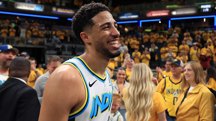 Indiana Pacers guard Tyrese Haliburton (0) in a playoff game against the Milwaukee Bucks.