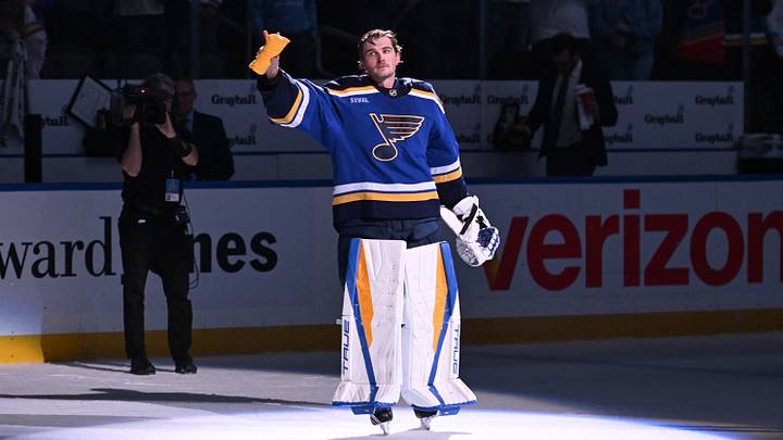 Mar 26, 2026; St. Louis, Missouri, USA; St. Louis Blues goaltender Joel Hofer (30) acknowledges fans after being named the second star of the game after beating the San Jose Sharks at Enterprise Center. Mandatory Credit: Joe Puetz-Imagn Images Mar 26, 2026; St. Louis, Missouri, USA; St. Louis Blues goaltender Joel Hofer (30) acknowledges fans after being named the second star of the game after beating the San Jose Sharks at Enterprise Center. Mandatory Credit: Joe Puetz-Imagn Images