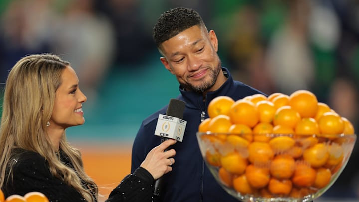 (EDITORS NOTE: caption correction) Jan 9, 2025; Miami, FL, USA; Notre Dame Fighting Irish head coach Marcus Freeman celebrates defeating the Penn State Nittany Lions  in the Orange Bowl at Hard Rock Stadium. 