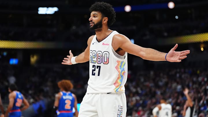 Denver Nuggets guard Jamal Murray (27) reacts in the second half against the New York Knicks at Ball Arena. Mandatory Credit: Ron Chenoy-Imagn Images