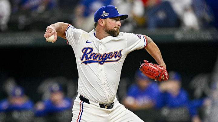 Mar 28, 2024; Arlington, Texas, USA; Texas Rangers relief pitcher Kirby Yates.