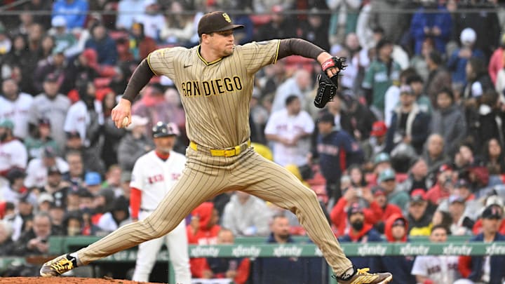 Apr 5, 2026; Boston, Massachusetts, USA; San Diego Padres relief pitcher Mason Miller (22) pitches against the Boston Red Sox during the ninth inning at Fenway Park. Mandatory Credit: Eric Canha-Imagn Images