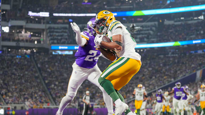 Green Bay Packers wide receiver Bo Melton (80) catches a pass for a touchdown against the Minnesota Vikings last year.