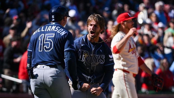 Mar 28, 2026; St. Louis, Missouri, USA; Tampa Bay Rays shortstop Carson Williams (7) celebrates with third baseman Ben Williamson (15) after scoring the game tying run against the St. Louis Cardinals during the ninth inning at Busch Stadium. Mandatory Credit: Jeff Curry-Imagn Images