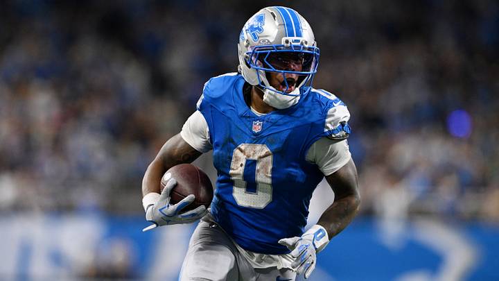 Detroit Lions running back Jahmyr Gibbs (0) scores a touchdown against the New York Jets during the fourth quarter at Ford Field. Detroit Lions running back Jahmyr Gibbs (0) scores a touchdown against the New York Jets during the fourth quarter at Ford Field.