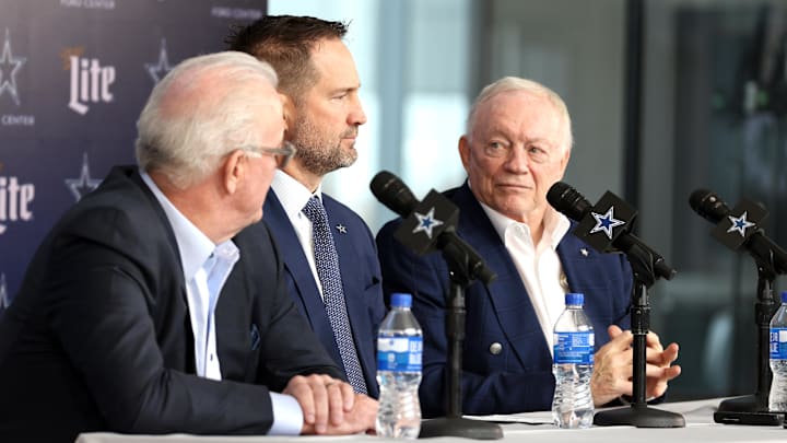 Dallas Cowboys CEO Stephen Jones, head coach Brian Schottenheimer and owner Jerry Jones speak to the media.