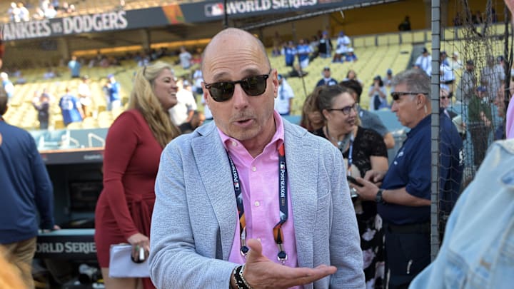 Oct 25, 2024; Los Angeles, California, USA; New York Yankees general manager Brian Cashman before game one against the Los Angeles Dodgers the 2024 MLB World Series at Dodger Stadium. Mandatory Credit: Jayne Kamin-Oncea-Imagn Images