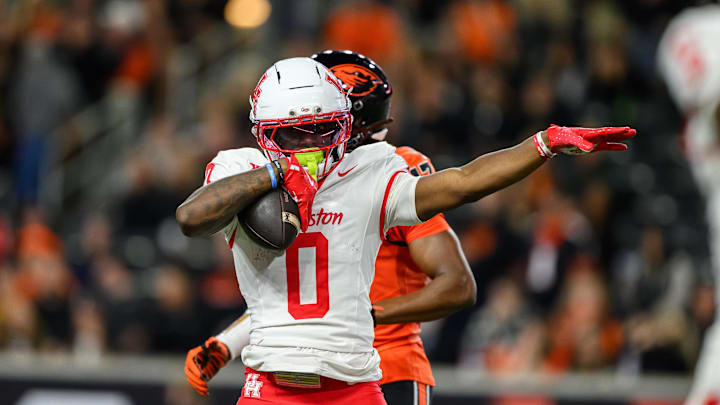 Houston Cougars wide receiver Amare Thomas celebrates a catch and first down during the second quarter against the Oregon State Beavers at Reser Stadium.
