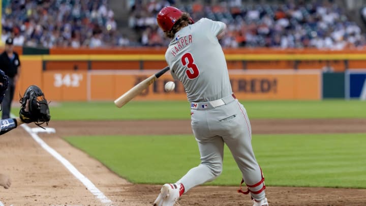 Jun 25, 2024; Detroit, Michigan, USA; Philadelphia Phillies first base Bryce Harper (3) hits a solo home run against the Detroit Tigers at Comerica Park. Mandatory Credit: David Reginek-USA TODAY Sports