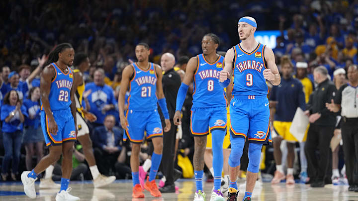 Jun 22, 2025; Oklahoma City, Oklahoma, USA; Oklahoma City Thunder guard Alex Caruso (9) reacts after a play against the Indiana Pacers during the second half of game seven of the 2025 NBA Finals at Paycom Center. Mandatory Credit: Kyle Terada-Imagn Images