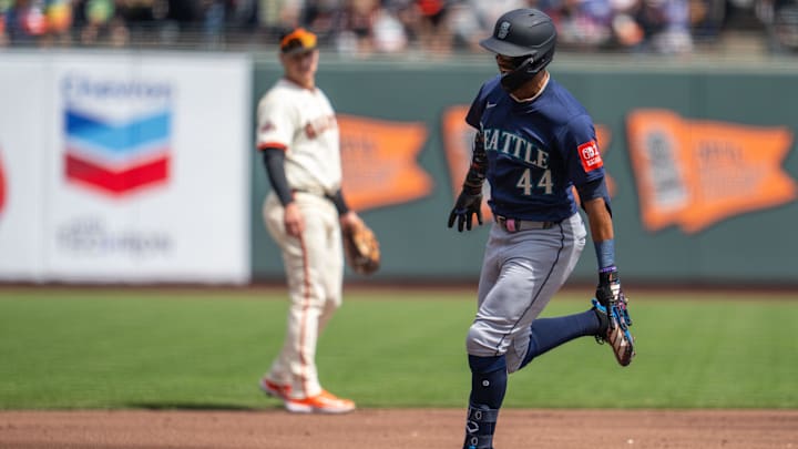 Seattle Mariners center fielder Julio Rodríguez celebrates after a home run against the San Francisco Giants on April 6 at Oracle Park. Seattle Mariners center fielder Julio Rodríguez celebrates after a home run against the San Francisco Giants on April 6 at Oracle Park.
