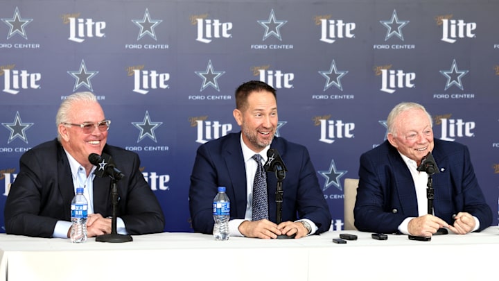 Dallas Cowboys CEO Stephen Jones, head coach Brian Schottenheimer and owner Jerry Jones speak to the media.