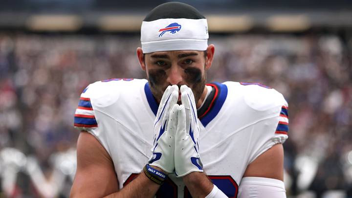 Buffalo Bills tight end Dalton Kincaid reacts before the game against the Las Vegas Raiders at Allegiant Stadium. Buffalo Bills tight end Dalton Kincaid reacts before the game against the Las Vegas Raiders at Allegiant Stadium.