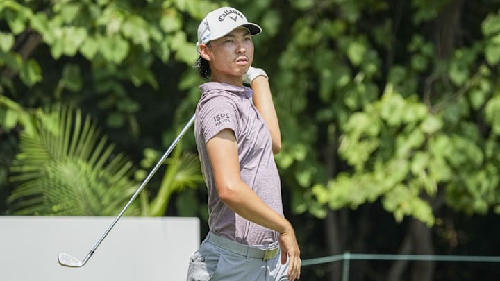 Min Woo Lee reacts to his tee shot on two during the second round of the Wyndham Championship golf tournament at Sedgefield Country Club in Greensboro, N.C., on Aug. 10, 2024. Min Woo Lee reacts to his tee shot on two during the second round of the Wyndham Championship golf tournament at Sedgefield Country Club in Greensboro, N.C., on Aug. 10, 2024.