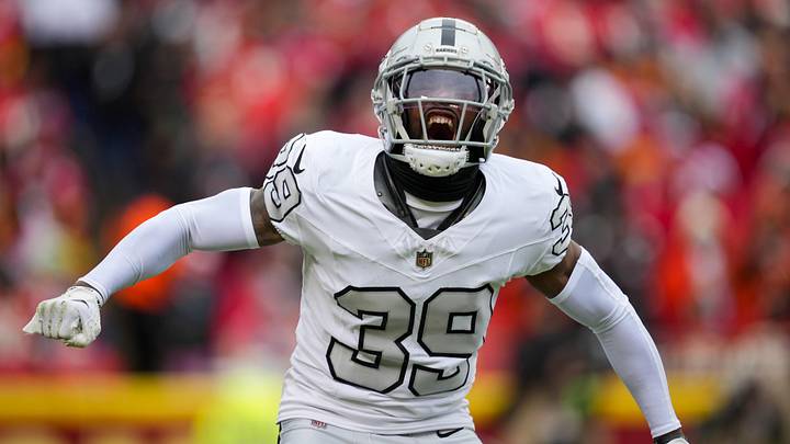 Dec 25, 2023; Kansas City, Missouri, USA; Las Vegas Raiders cornerback Nate Hobbs (39) celebrates during the first half against the Kansas City Chiefs at GEHA Field at Arrowhead Stadium. Mandatory Credit: Jay Biggerstaff-USA TODAY Sports Dec 25, 2023; Kansas City, Missouri, USA; Las Vegas Raiders cornerback Nate Hobbs (39) celebrates during the first half against the Kansas City Chiefs at GEHA Field at Arrowhead Stadium. Mandatory Credit: Jay Biggerstaff-USA TODAY Sports