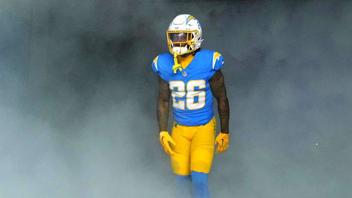 Dec 23, 2023; Inglewood, California, USA; Los Angeles Chargers cornerback Asante Samuel Jr. (26)  enters the field before the game against the Buffalo Bills at SoFi Stadium. Mandatory Credit: Kirby Lee-Imagn Images