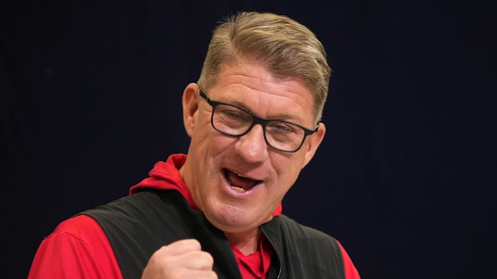 Feb 25, 2025; Indianapolis, IN, USA; Tampa Bay Buccaneers general manager Jason Licht speaks during the NFL Scouting Combine at the Indiana Convention Center. Mandatory Credit: Kirby Lee-Imagn Images