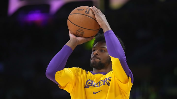Jan 23, 2025; Los Angeles, California, USA; Los Angeles Lakers guard Bronny James (9) during the game against the Boston Celtics at the Crypto.com Arena. Mandatory Credit: Kirby Lee-Imagn Images