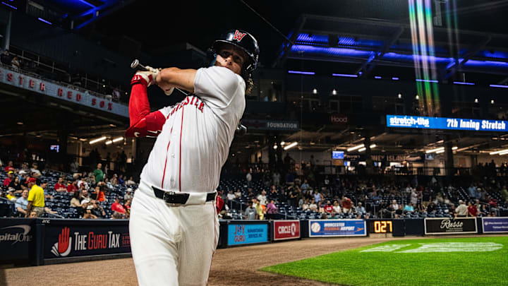 Roman Anthony gets ready for an at-bat during a WooSox game on Aug. 28 at Polar Park. Anthony was recently named the No. 1 prospect in baseball by Baseball America.