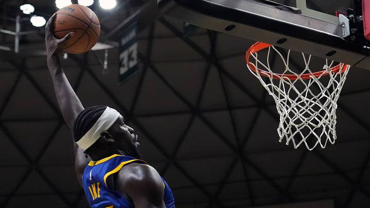Oct 4, 2026; Honolulu, Hawaii, USA; Golden State Warriors power forward Graham Ike (45) dunks during the third quarter against the Los Angeles Clippers at Bankoh Arena at the Stan Sheriff Center. Oct 4, 2026; Honolulu, Hawaii, USA; Golden State Warriors power forward Graham Ike (45) dunks during the third quarter against the Los Angeles Clippers at Bankoh Arena at the Stan Sheriff Center.