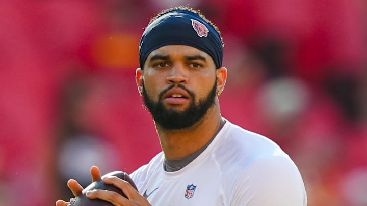 Aug 22, 2025; Kansas City, Missouri, USA; Chicago Bears quarterback Caleb Williams (18) warms up prior to a game against the Kansas City Chiefs at GEHA Field at Arrowhead Stadium. 