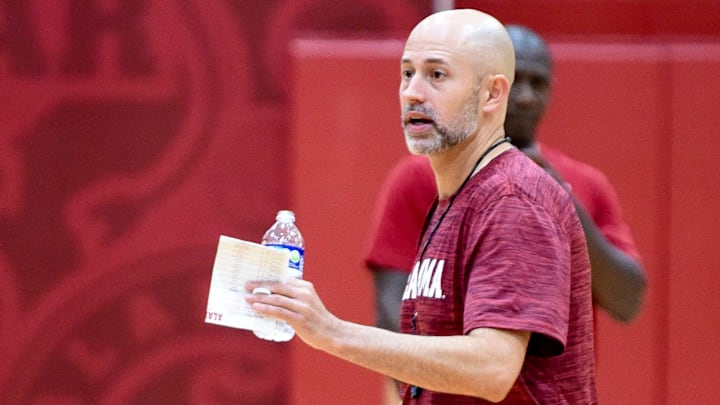 Alabama assistant coach Ryan Pannone gives instructions during practice for the Crimson Tide Men   s Basketball team Monday, Sept. 25, 2023.