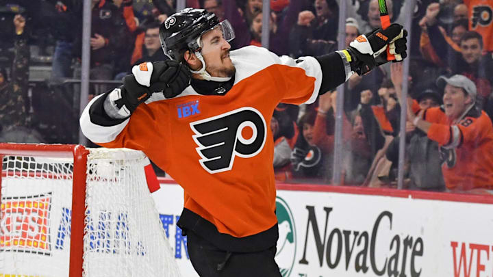 Jan 4, 2024; Philadelphia, Pennsylvania, USA;  Philadelphia Flyers right wing Travis Konecny (11) celebrates his goal against the Columbus Blue Jackets during the first period at Wells Fargo Center. Mandatory Credit: Eric Hartline-USA TODAY Sports