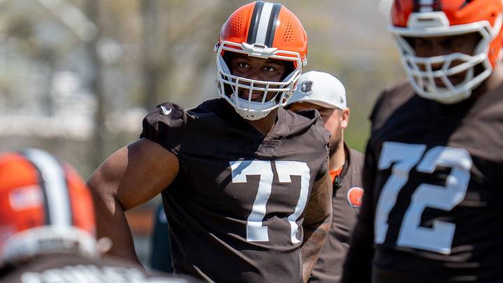 Zion Johnson waits to run a drill at the Browns mini camp in Berea on April 21, 2026. Zion Johnson waits to run a drill at the Browns mini camp in Berea on April 21, 2026.