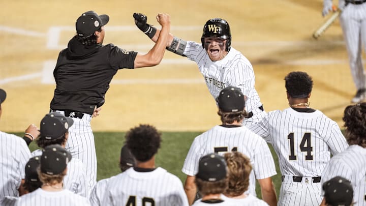 Members of the Wake Forest baseball team celebrate after the win at home on April 14 against Coastal Carolina. Members of the Wake Forest baseball team celebrate after the win at home on April 14 against Coastal Carolina.